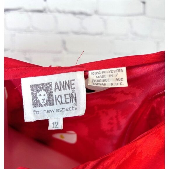 VINTAGE ANNE KLEIN SILKY RED PRINT SECRETARY BLOUSE TOP W/ BOW - 12 - Picture 4 of 5
